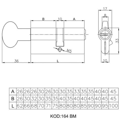 Kale  Механизм цилиндровый 164 BM-90 (40+10+40)-NP-5KEY ключ/ключ