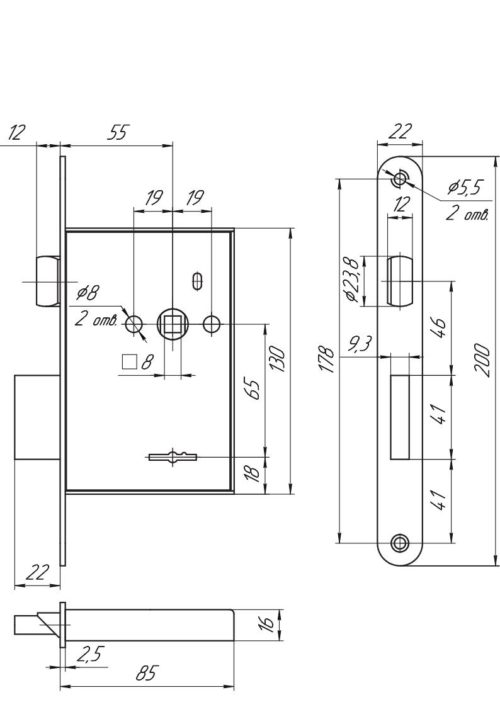 Замок врезной ЗВ9 901.0.0 (3 ключа) б/о  Меттэм