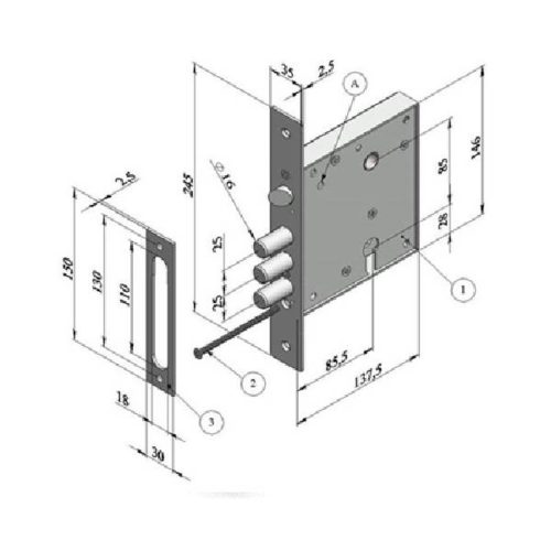 CERBER Замок врезной C6-85 (3 ригеля, защелка, без цилиндра, без ответной планки)