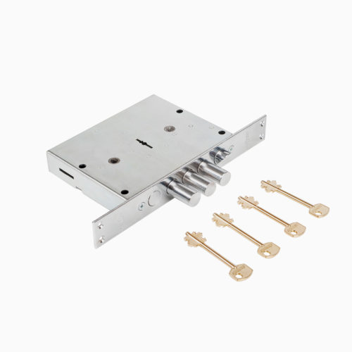 CERBER Замок врезной C-4 (со сменной нуклей, 3 ригеля, защелка, задвижка) - левый