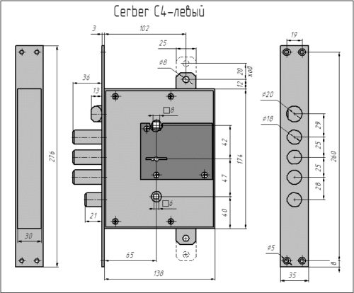 CERBER Замок врезной C-4 (со сменной нуклей, 3 ригеля, защелка, задвижка) - левый