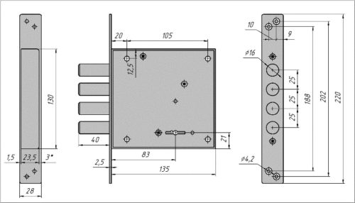 CERBER Замок врезной C2-4 014 (4 ригеля, без ответной планки)