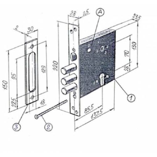 CERBER Замок врезной C6-F О (3 ригеля, защелка, без цилиндра, без ответной планки)