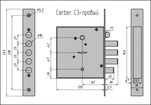 CERBER Замок врезной C3 014 (правый) (З ригеля, защелка, задвижка, без ответной планки)