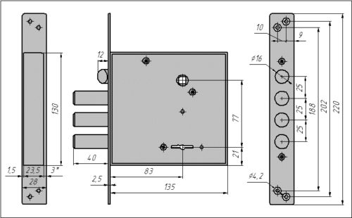 CERBER Замок врезной C2-F 014 (3 ригеля, защелка, без ответной планки)