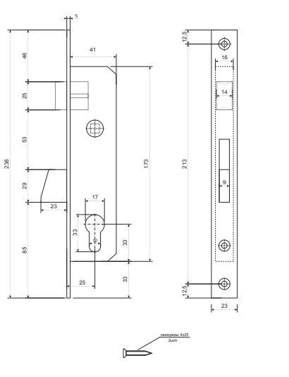 Замок врезной 7600-25-R-NI  Апекс