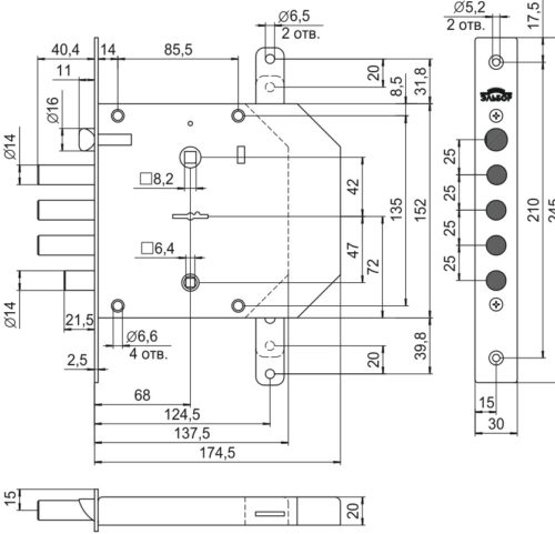 Замок врезной 1.05.42  БАЗАЛЬТ (универсальный, тяги)