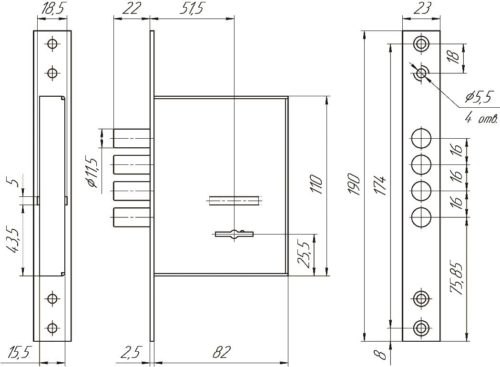 Замок врезной ЗВ8 190.0.0 (3 ключа) б/о  Меттэм