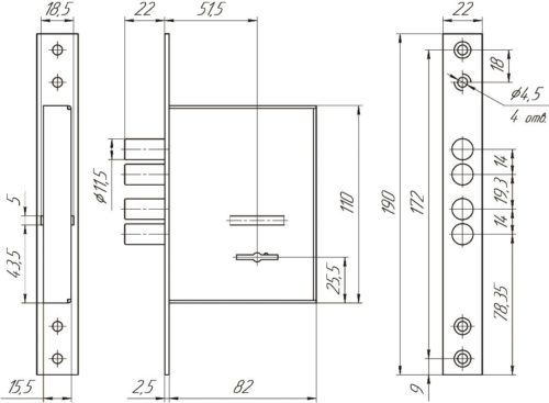 Замок врезной ЗВ8 290.0.0 (3 ключа) б/о  Меттэм