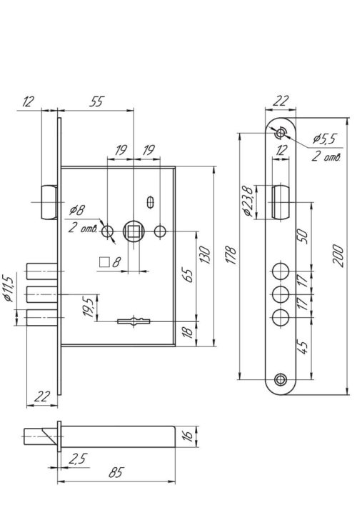 Замок врезной ЗВ9 902.0.0 (3 ключа) б/о  Меттэм