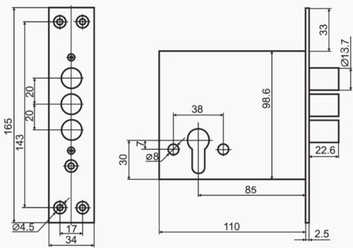 Замок врезной 110.22.00 ZSI (аналог Керберос) (3 ригеля, под цилиндр)
