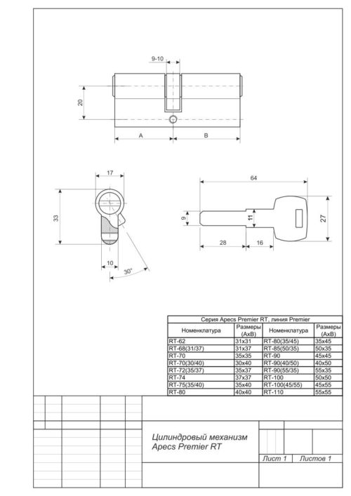 Механизм цилиндровый Premier RT-75(35/40)-G  Апекс