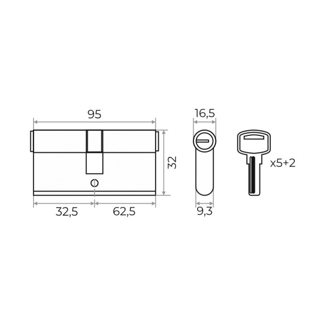 Цилиндровый механизм с перекодировкой 95 мм (32,5х62,5) 5+2 кл (латунь) MARLOK Цилиндровый механизм с перекодировкой 95 мм (32,5х62,5) 5+2 кл (латунь) MARLOK