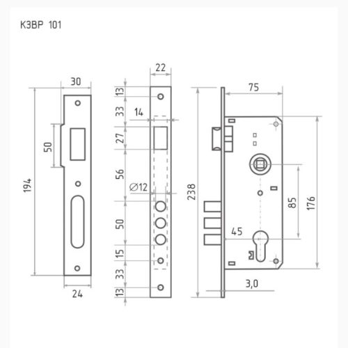 Н-М  Корпус замка КЗВР-101 (85 мм) (хром)