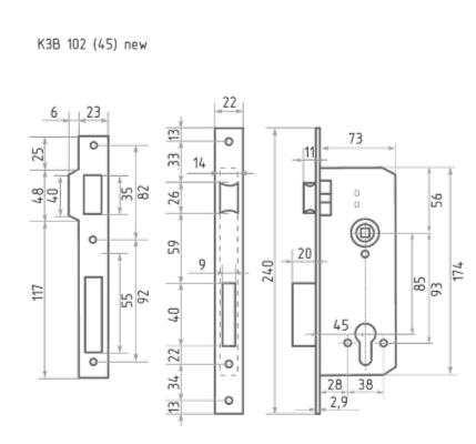 Н-М  Корпус замка КЗВ-102 (85 мм) - хром, бексет 45 мм