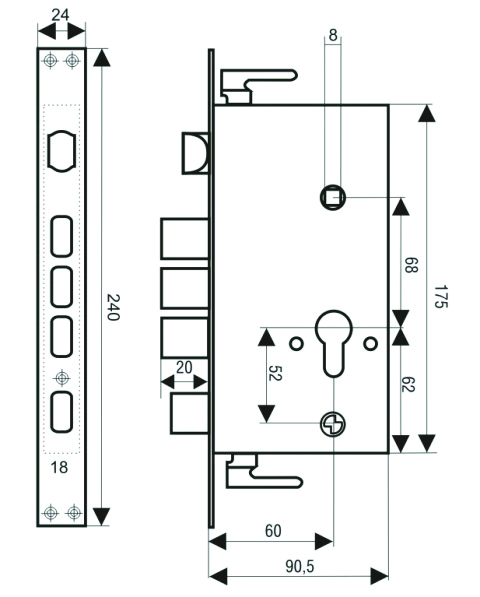 Замок врезной BASARA A18-01 R (правый, с прямоугольным ригелем) для китайских дверей