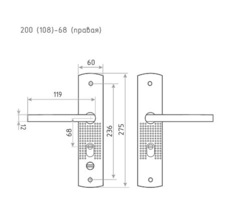 Н-М  Ручка для китайских дверей 200(108)-68 мм (матовый никель) - правая
