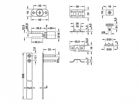 Замок мебельный центральный для 3-х ящиков №288 (d19х20/500мм)