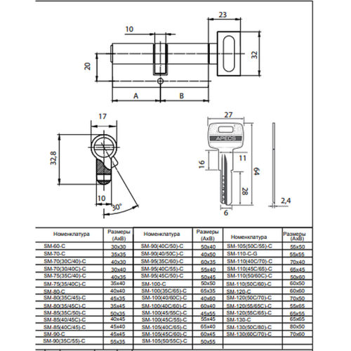 Механизм цилиндровый SM-85 (30S/55)-S/65-NI  Апекс