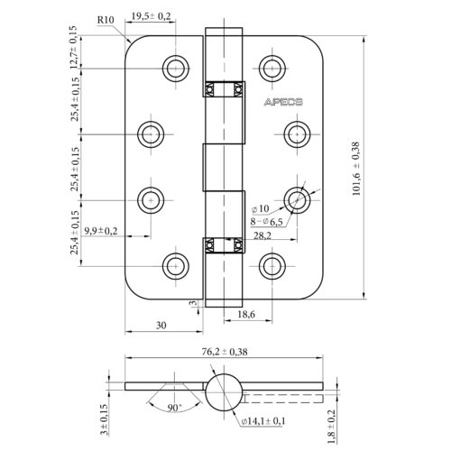 Петля врезная 102*76-В2-INOX (R10) (B2B)Апекс