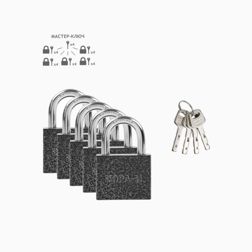 Н-М Замки навесные мастер-система 1105-40 (5 замков по 4 ключа+4 мастер ключа универсальных)