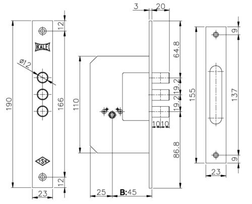 KaleЗамок врезной 189-3MF-BS45-BP-3KEY-(SP,Ros) (крест.ключ) STB 189F0000012