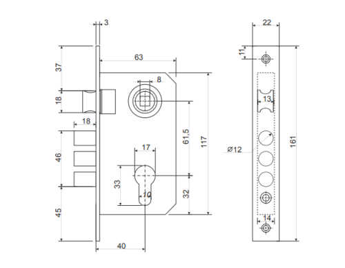 Замок врезной AVERS 1023/60-G