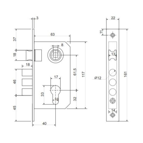 Замок врезной AVERS 1023/60-G