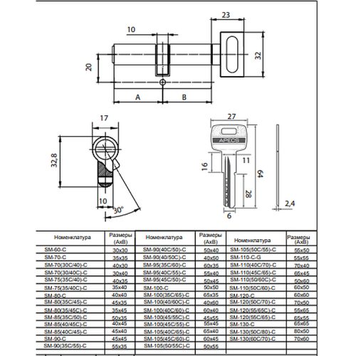 Механизм цилиндровый SM-85 (30S/55)-S/65-NIАпекс