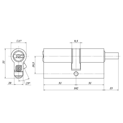 Цилиндровый механизм Гардиан GB 102(51*51Р) никель 5 кл. кл+верт.