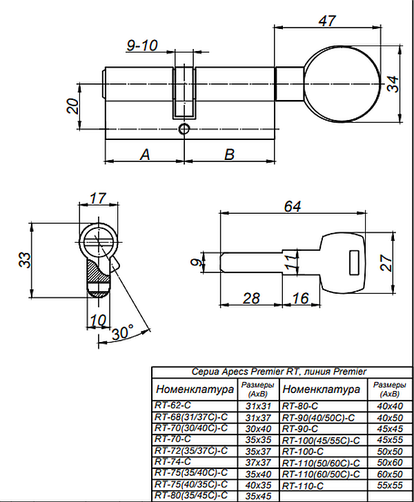 Механизм цилиндровый Premier RT-80(45/35C)-C-NI Апекс Механизм цилиндровый Premier RT-80(45/35C)-C-NI Апекс